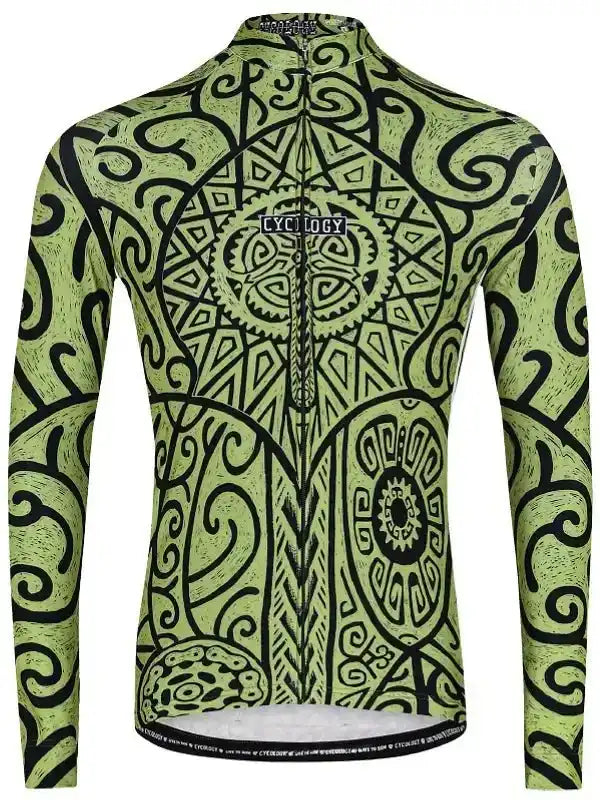 Men's long sleeve cycling jersey with bold green and black tribal pattern, full zip front, and ergonomic fit